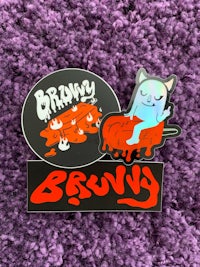 a pin with the words'browny'on it